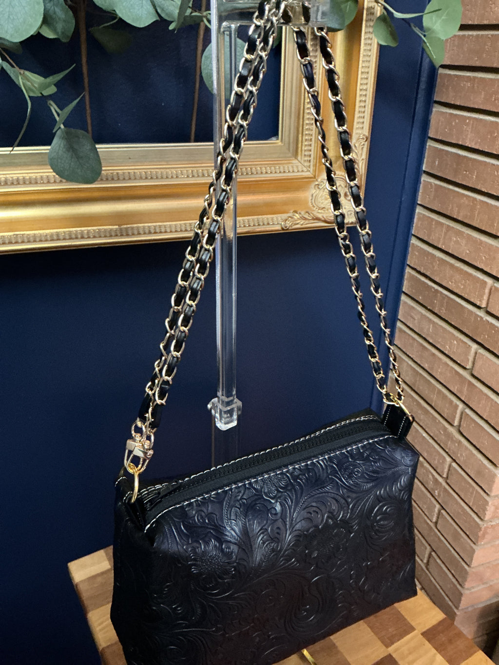 Embossed Black Vinyl Crossbody Bag with Chain Strap