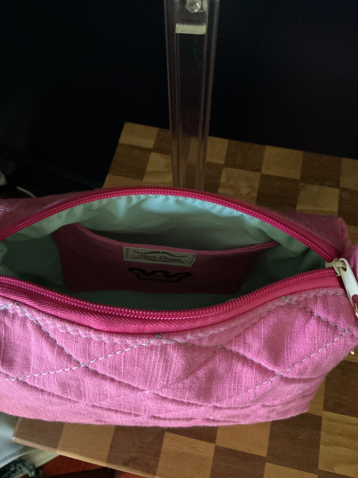 Pink Quilted Crossbody Bag with Crochet Strap