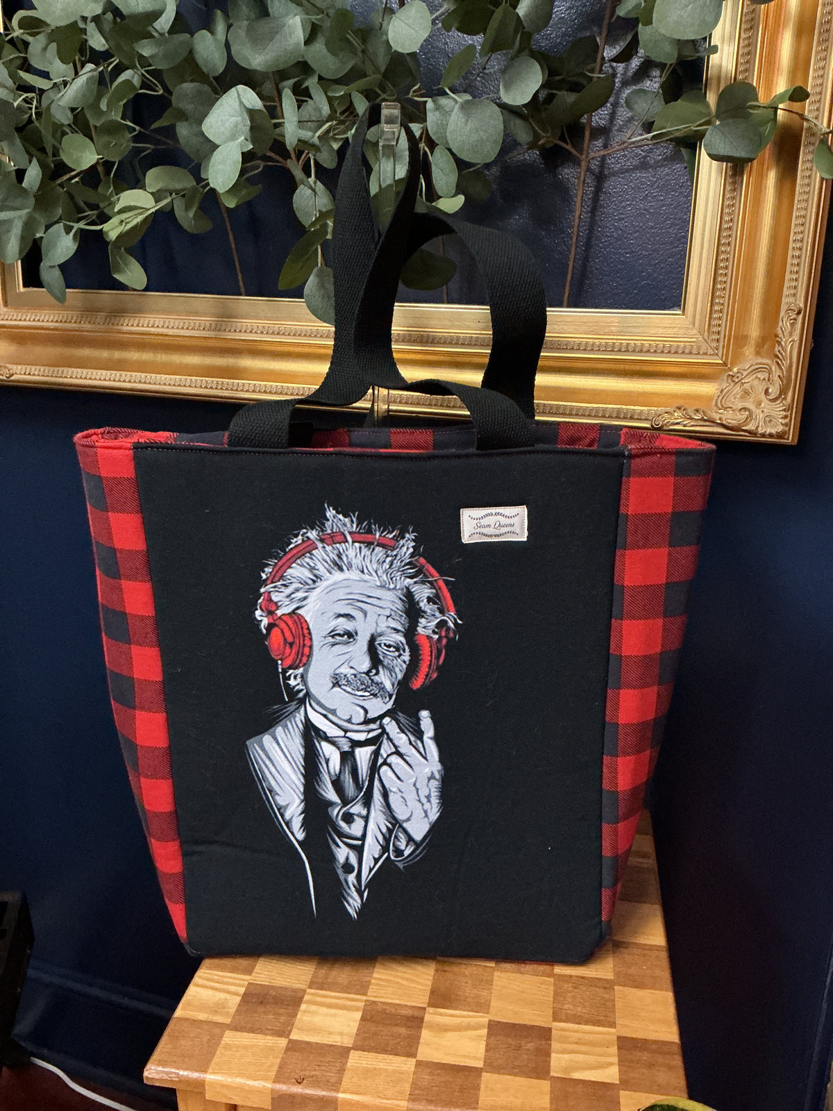 Graphic Print Tote with Buffalo Check Lining