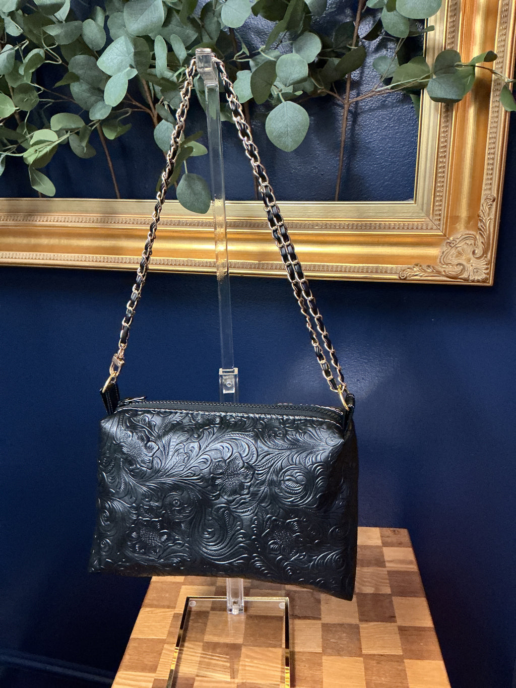Embossed Black Vinyl Crossbody Bag with Chain Strap