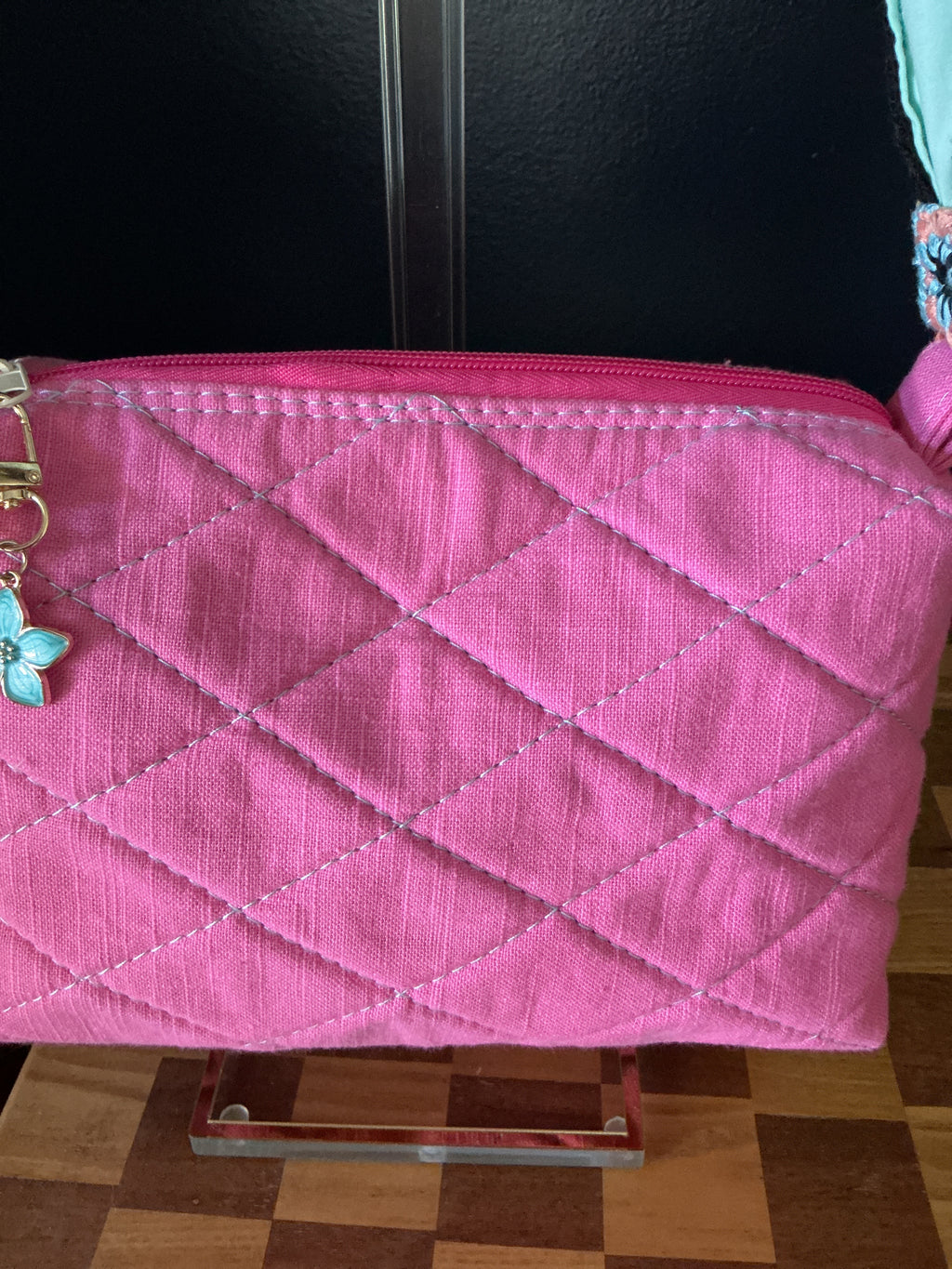 Pink Quilted Crossbody Bag with Crochet Strap
