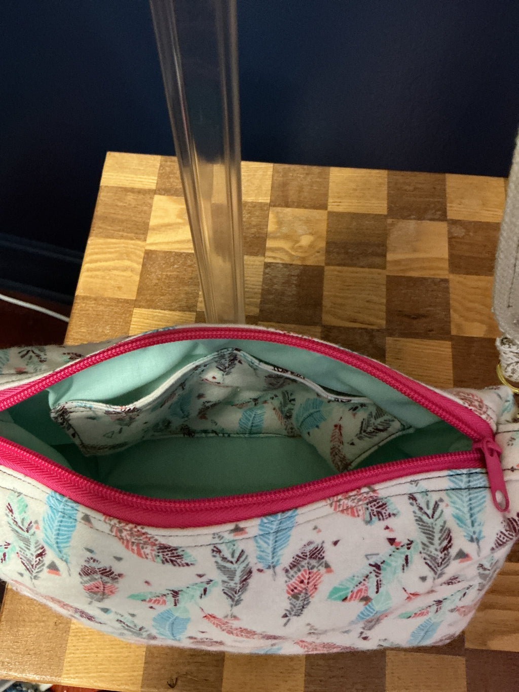 Feather Print Crossbody Bag with Upcycled Lace Strap — One of a Kind