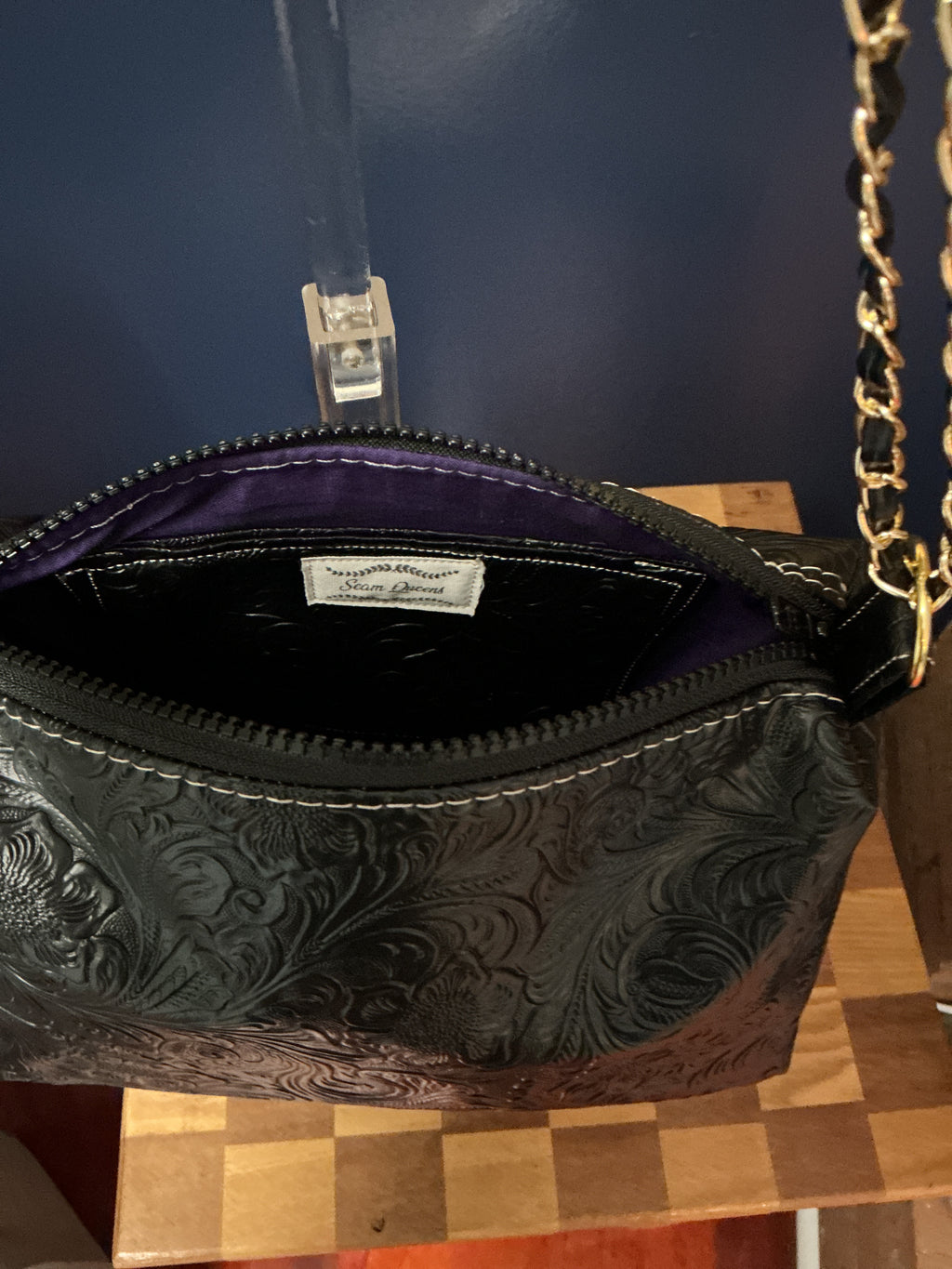 Embossed Black Vinyl Crossbody Bag with Chain Strap