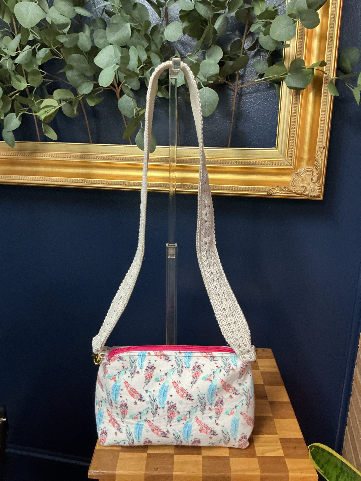 Feather Print Crossbody Bag with Upcycled Lace Strap — One of a Kind