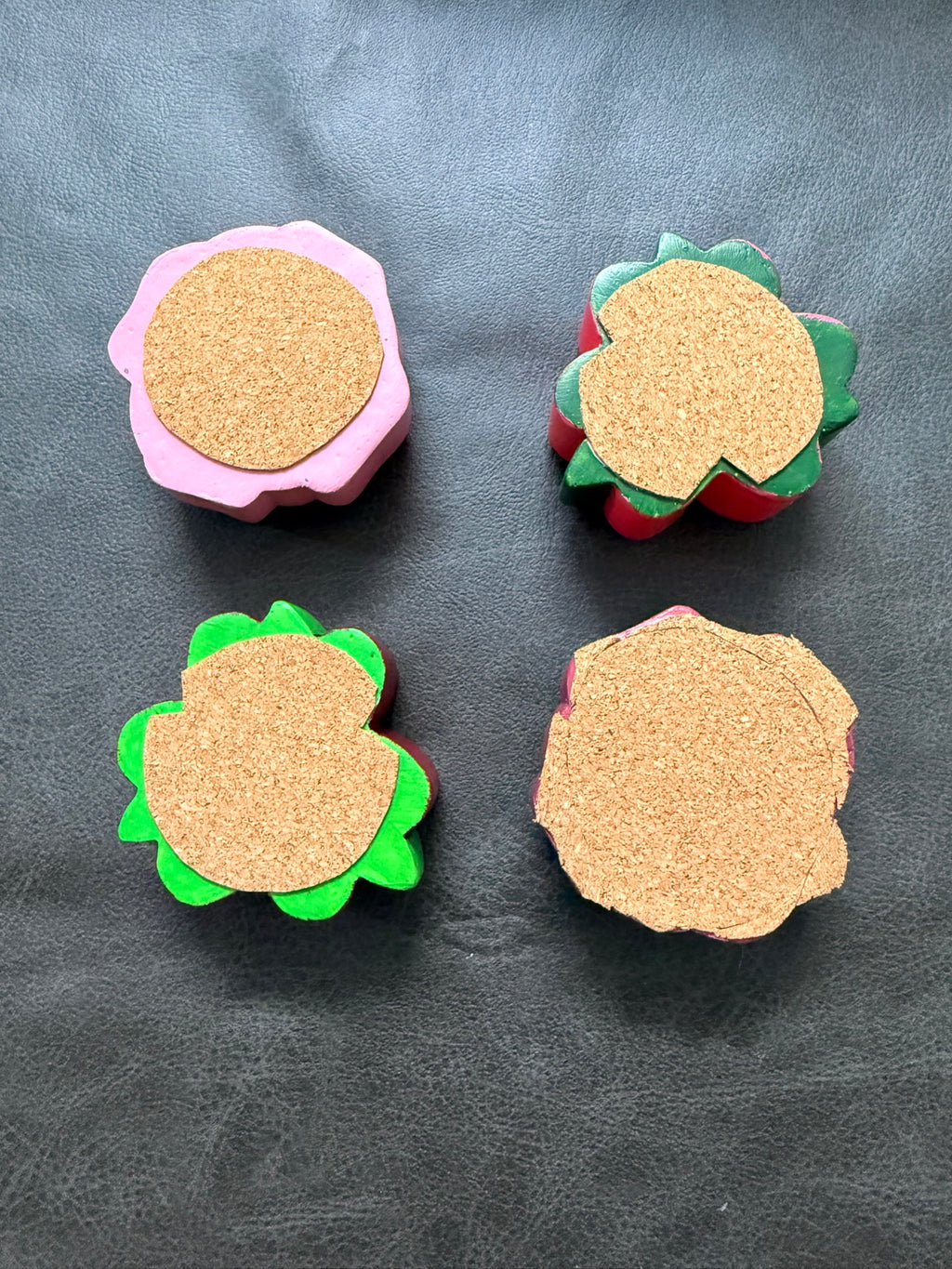 Cork bottoms of the round floral fabric weights