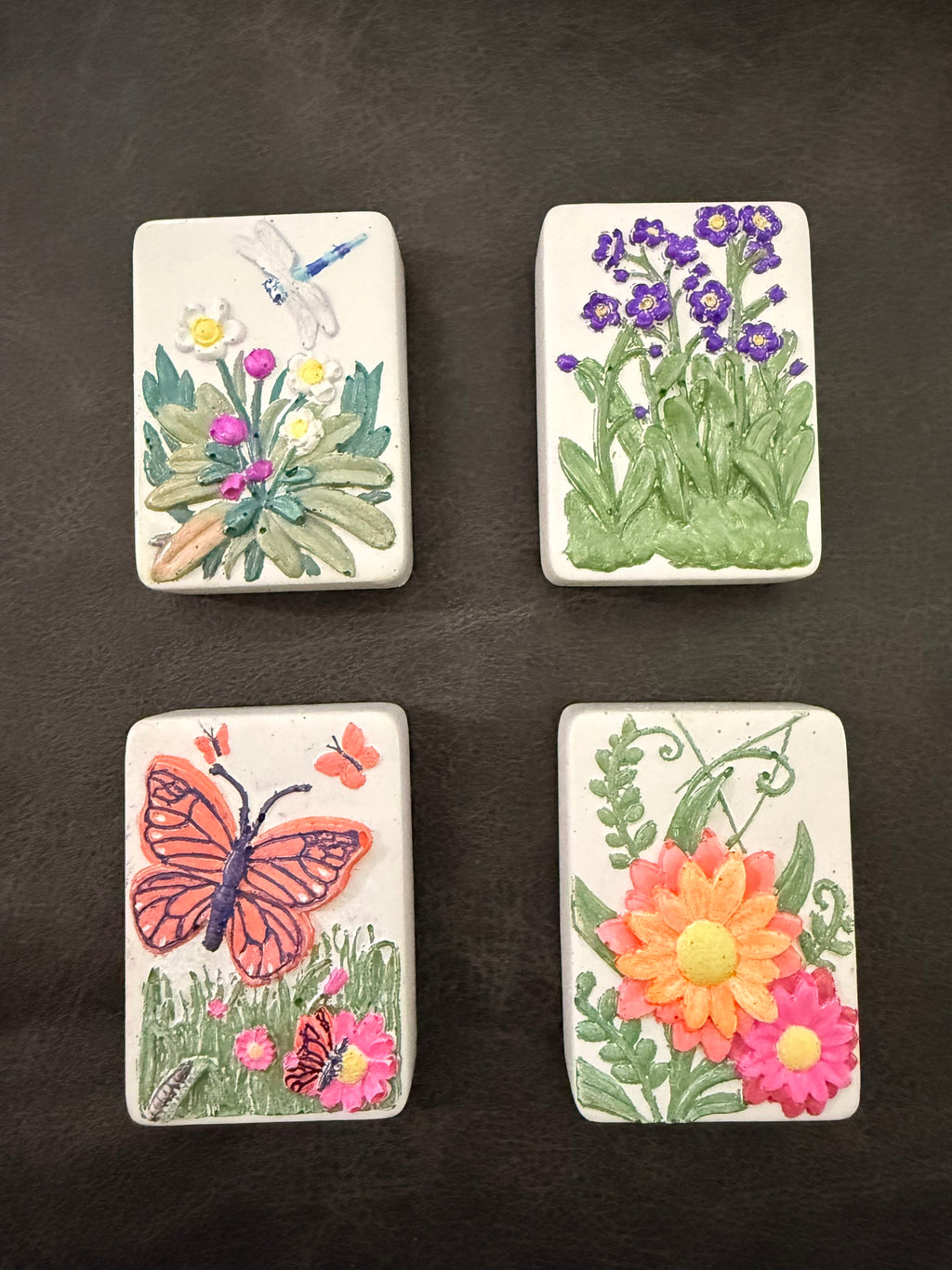 Hand-painted tops: dragonfly, wildflowers, butterfly and daisy designs