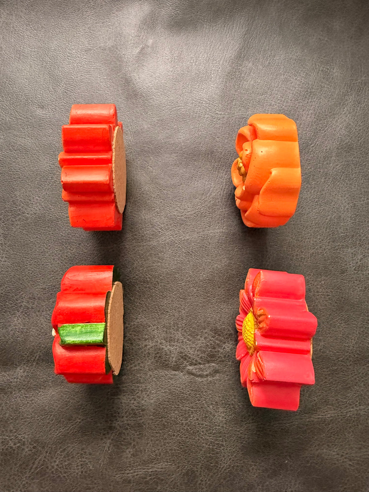 Set of 4 round hand-painted sunset fabric weights, side view showing cork bottoms